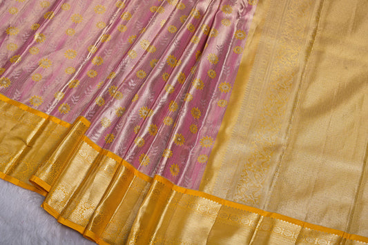 Baby Pink Pure Kanjivaram Tissue Silk Saree with Yellow Floral Design and Golden Border