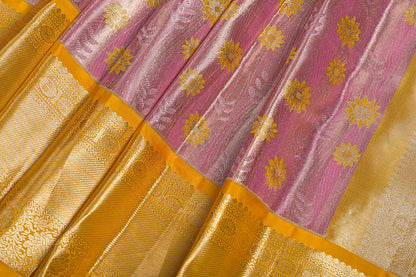 Baby Pink Pure Kanjivaram Tissue Silk Saree with Yellow Floral Design and Golden Border