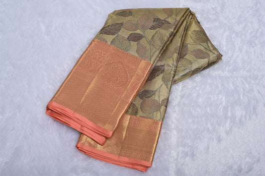 Muted Green Pure Silk Kanjivaram Saree with Peach Tone and Leafy Pattern