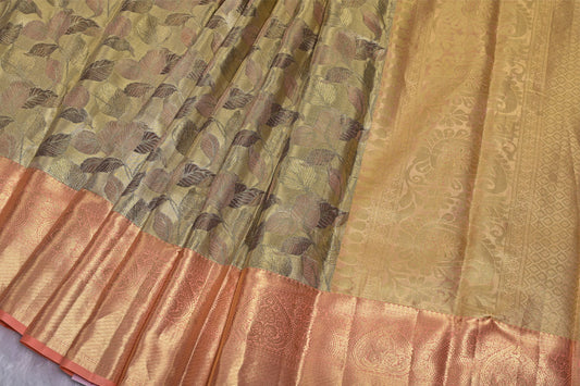 Muted Green Pure Silk Kanjivaram Saree with Peach Tone and Leafy Pattern