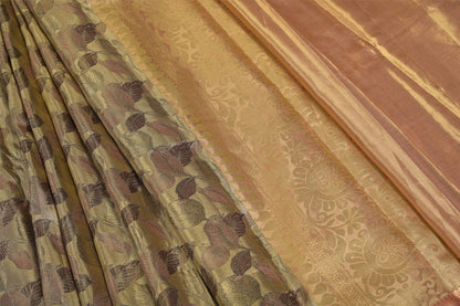 Muted Green Pure Silk Kanjivaram Saree with Peach Tone and Leafy Pattern