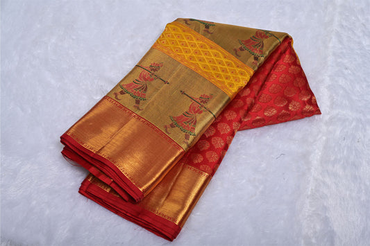 Red and Gold Pure South Silk Saree with Minakari Doli Contrast Border
