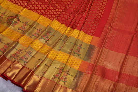 Red and Gold Pure South Silk Saree with Minakari Doli Contrast Border