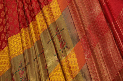 Red and Gold Pure South Silk Saree with Minakari Doli Contrast Border
