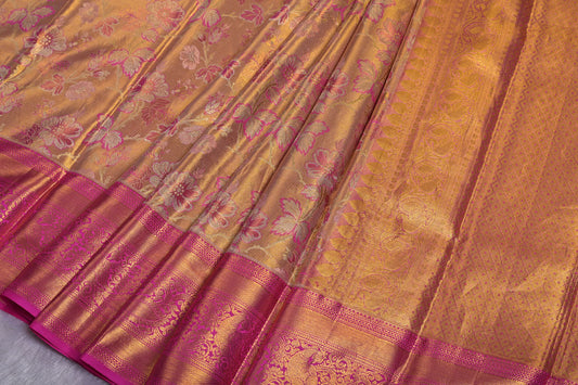 Golden Pure Tissue Silk Kanjivaram Saree with Floral Zari Work and Contrast Border