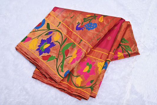 Pink Pure Handloom Saree with Peacock Lotus Border and Contrast Blouse