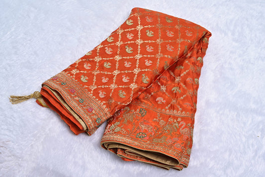 Banarasi gold orange banarasi saree for weddings and festive occasions