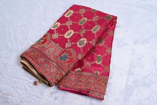 Pink Designer Silk Saree with Jardosi Handwork and Self Border