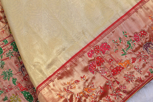 Silk rani colour tissue silk saree for weddings and festive occasions