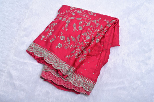 Silk rani colour crape silk saree for weddings and festive occasions