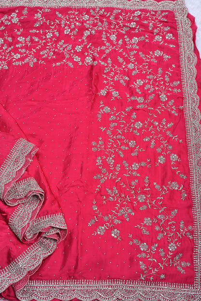 Silk rani colour crape silk saree for weddings and festive occasions