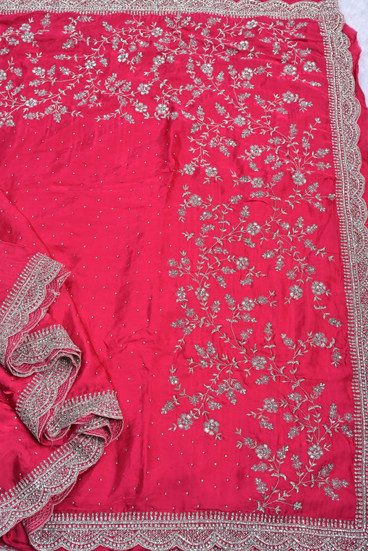 Silk rani colour crape silk saree for weddings and festive occasions