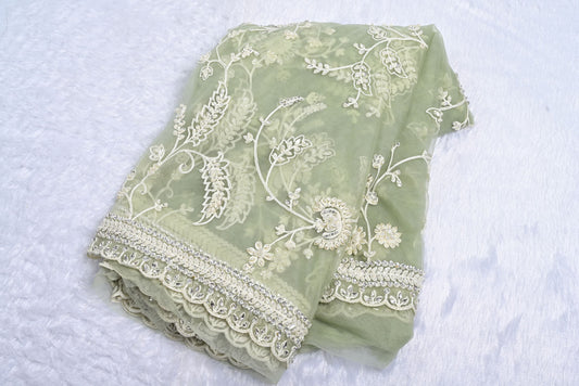 Fabric pista green net designer saree for weddings and festive occasions