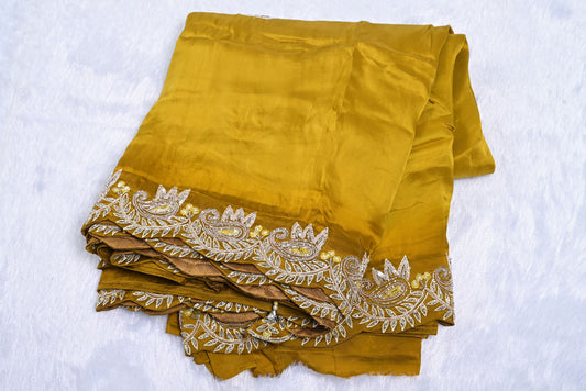 Silk mustered chinon silk saree for weddings and festive occasions