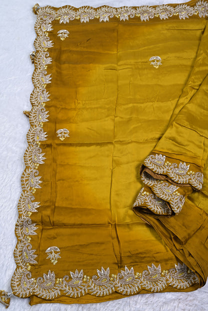 Silk mustered chinon silk saree for weddings and festive occasions