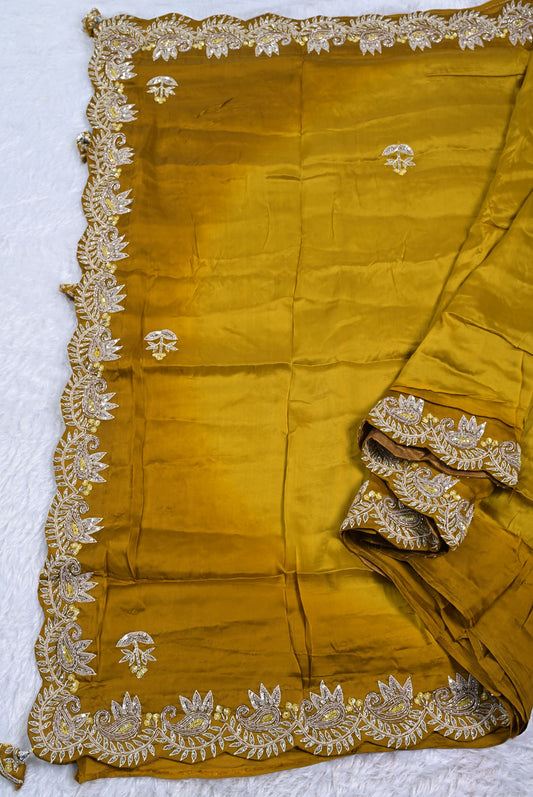 Silk mustered chinon silk saree for weddings and festive occasions