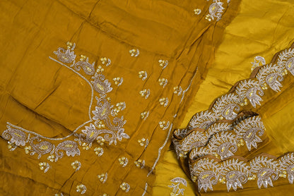 Silk mustered chinon silk saree for weddings and festive occasions