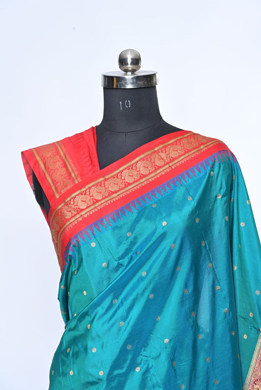 Peacock Green Gadhwal Silk Saree with Butti Design and Red Contrast Border