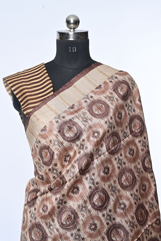 Beige and Brown Pure Jute Saree with Zari Work and Off-White Border
