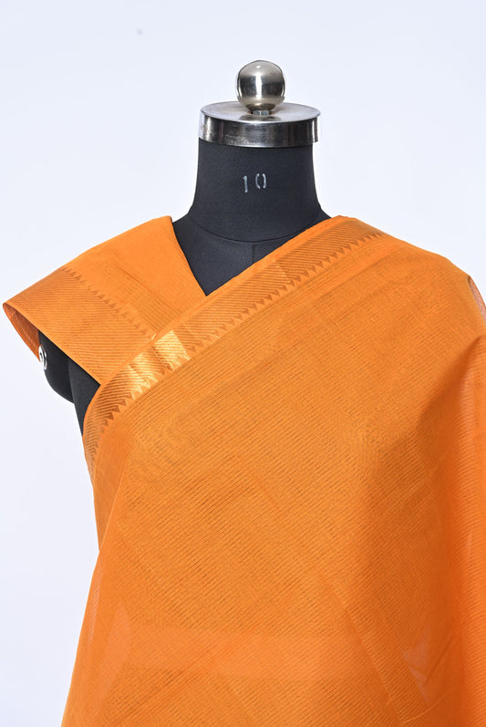 Orange Pure Mangalgiri Cotton Saree with Golden Zari Border and Running Blouse