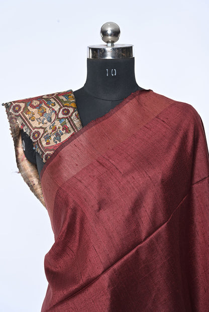 Crimson Red Pure Jute Saree with Kalamkari Pallu and Plain Border