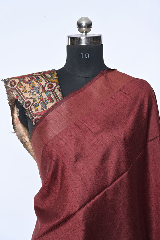 Crimson Red Pure Jute Saree with Kalamkari Pallu and Plain Border