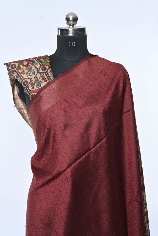 Crimson Red Pure Jute Saree with Kalamkari Pallu and Plain Border