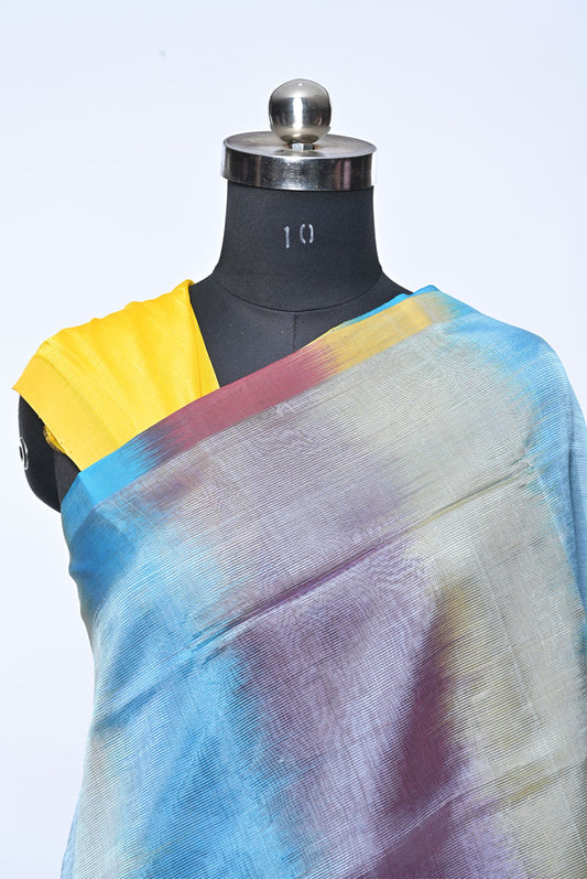 Multicolor Pure Mangalgiri Cotton Saree with Self Border and Yellow Contrast Blouse