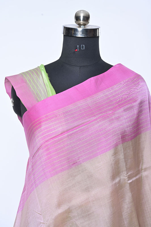 Cream and Pink Pure Mangalgiri Cotton Saree with Contrast Border and Pink Blouse