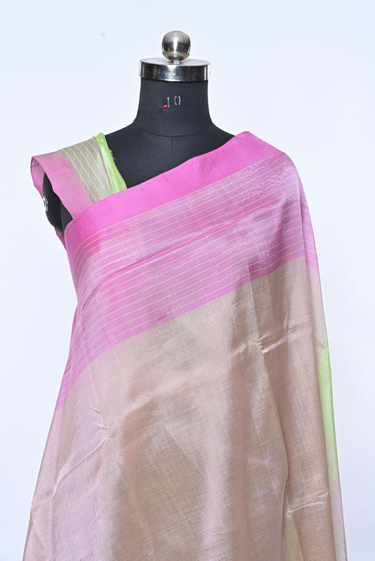 Cream and Pink Pure Mangalgiri Cotton Saree with Contrast Border and Pink Blouse