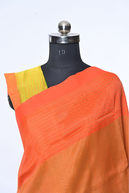 Rust Orange Pure Mangalgiri Cotton Saree with Contrast Border and Neon Blouse