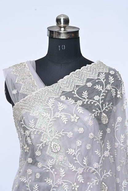 Fabric white net designer saree for weddings and festive occasions