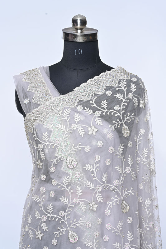 Fabric white net designer saree for weddings and festive occasions
