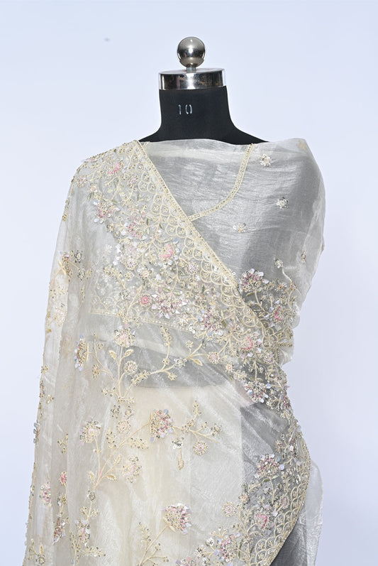Fabric off white organza saree for weddings and festive occasions