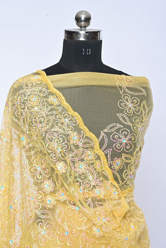 Fabric yellow net designer saree for weddings and festive occasions