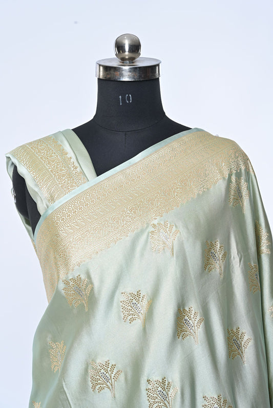 Pista Banarasi Silk Saree with Golden Leaf Patches and Golden Border