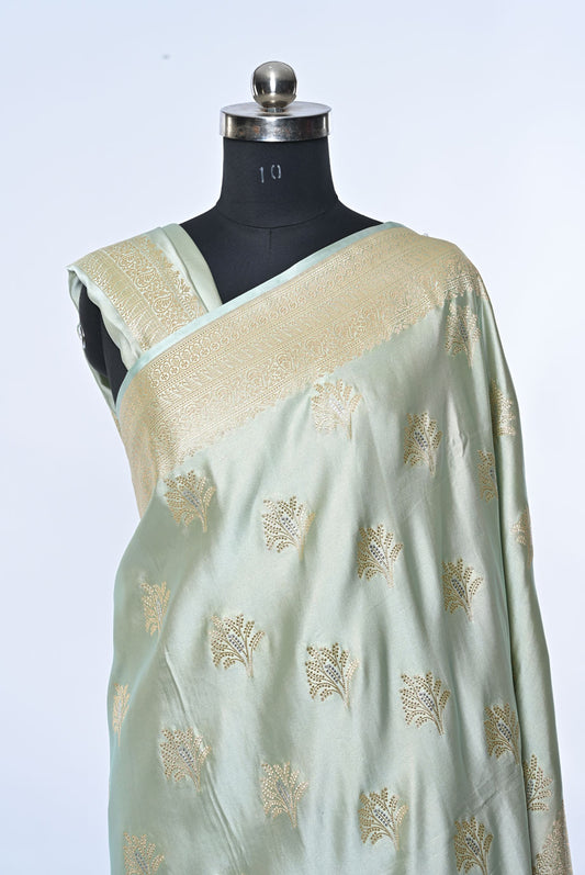 Pista Banarasi Silk Saree with Golden Leaf Patches and Golden Border