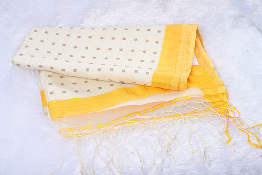 Pure Linen Cotton White Saree with Yellow Border for Festival