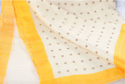 Pure Linen Cotton White Saree with Yellow Border for Festival