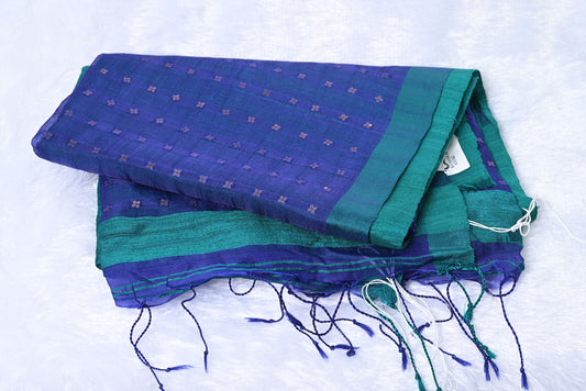 Pure Linen Cotton Dark Blue Saree with Green Border for Festival