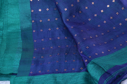 Pure Linen Cotton Dark Blue Saree with Green Border for Festival