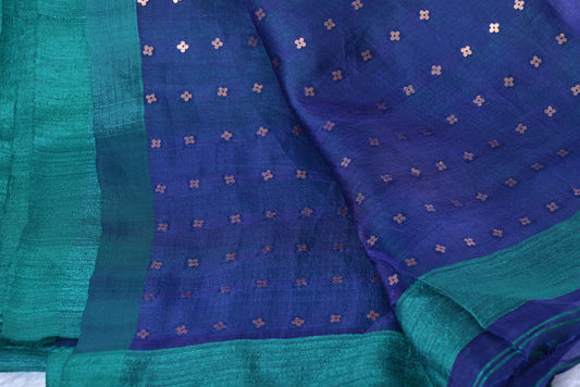 Pure Linen Cotton Dark Blue Saree with Green Border for Festival