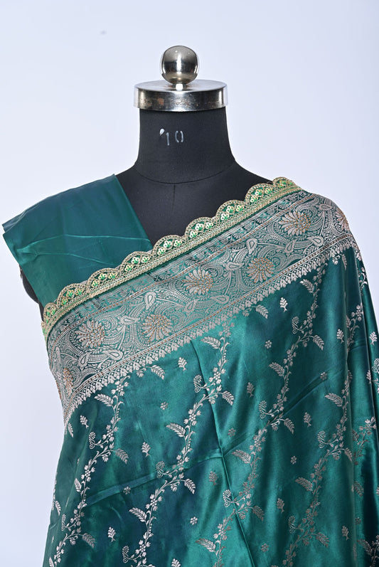 Semi Designer Banarasi Rama Green Saree for Wedding