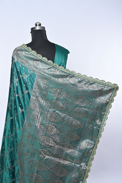 Semi Designer Banarasi Rama Green Saree for Wedding