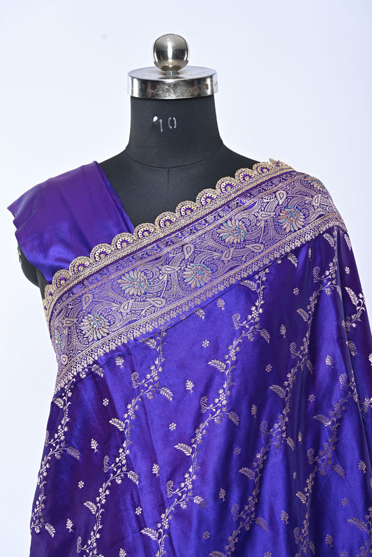 Semi Designer Banarasi Royal Blue Saree with Veil Work for Festival