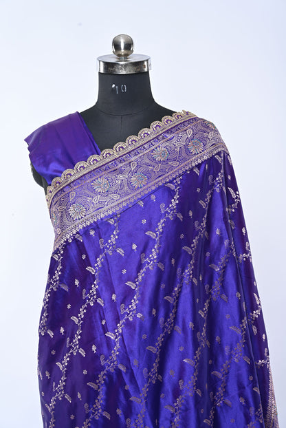 Semi Designer Banarasi Royal Blue Saree with Veil Work for Festival