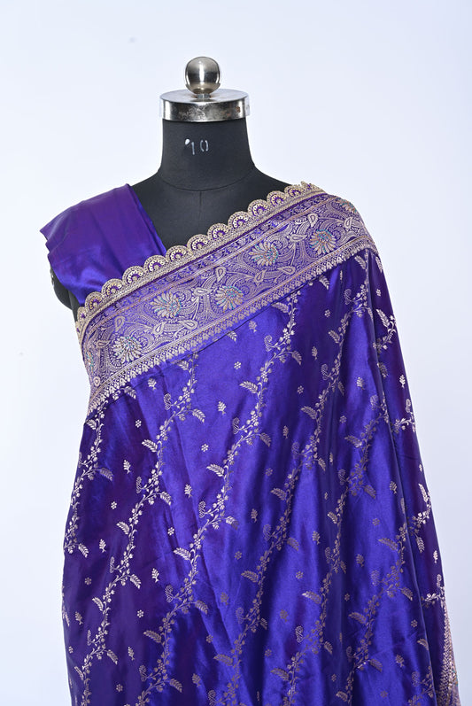 Semi Designer Banarasi Royal Blue Saree with Veil Work for Festival