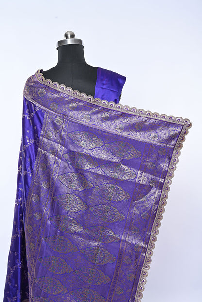 Semi Designer Banarasi Royal Blue Saree with Veil Work for Festival