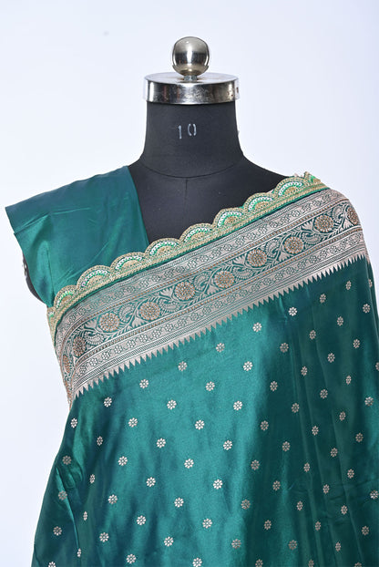 Semi Designer Banarasi Rama Green Saree with Peacock Butti for Festival