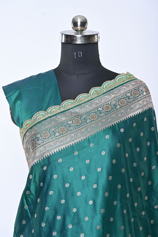 Semi Designer Banarasi Rama Green Saree with Peacock Butti for Festival